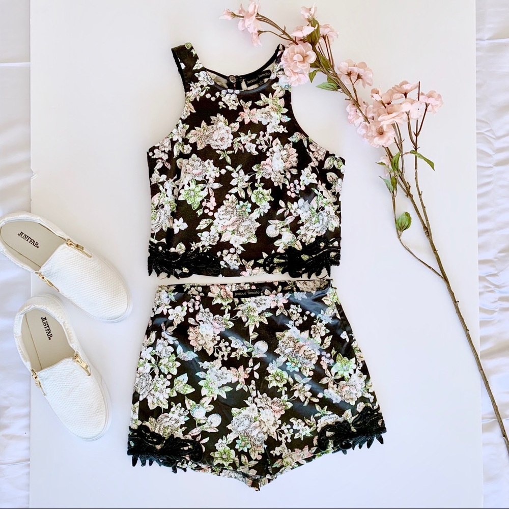 Jealous Tomato Silky Black Floral Crop Top Set